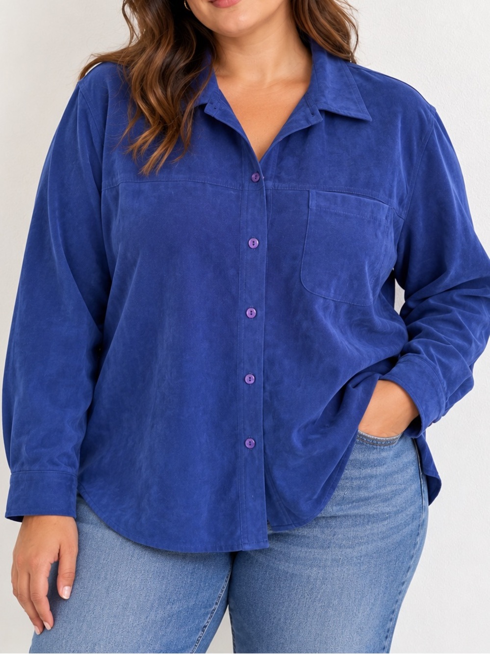 Allison Daley Vintage 90s Blue Vegan Suede Leather Long Sleeve Button Down 18W